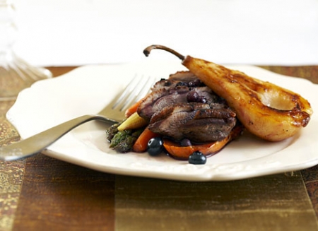 Tea-Smoked Duck Breast with Pears and Blueberry Jus