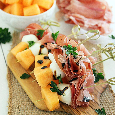 Proscuitto, Mozzarella and Melon skewers